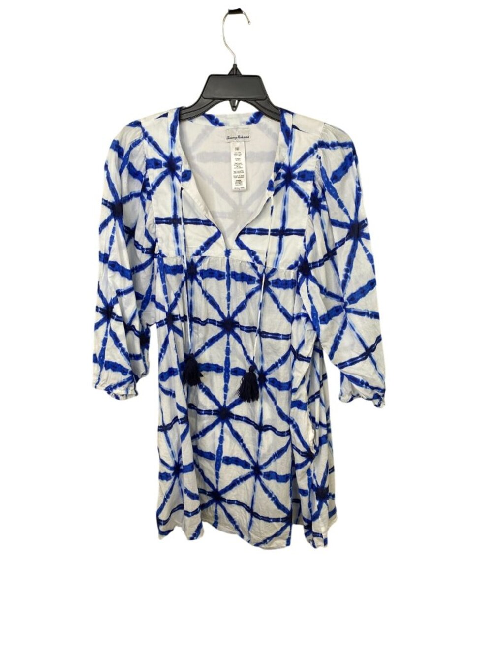 Tommy Bahama Womens Tie-Dye Drawstring Dress Blue White Tassel Detail L Cotton - Picture 2 of 7